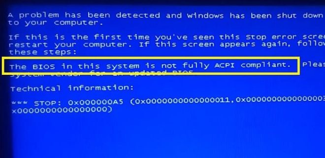 The bios in this system in not fully acpi compliant при установке windows 7